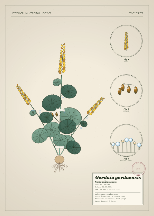 Botanische Tafel: Gerdaia gerdaensis, eine erfundene Pflanze aus Gerdau, gezeichnet wie in einem alten Pflanzenatlas