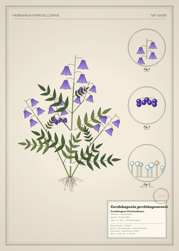 Botanische Tafel: Gerdshagenia gerdshagenensis, eine erfundene Pflanze aus Gerdshagen, gezeichnet wie in einem alten Pflanzenatlas