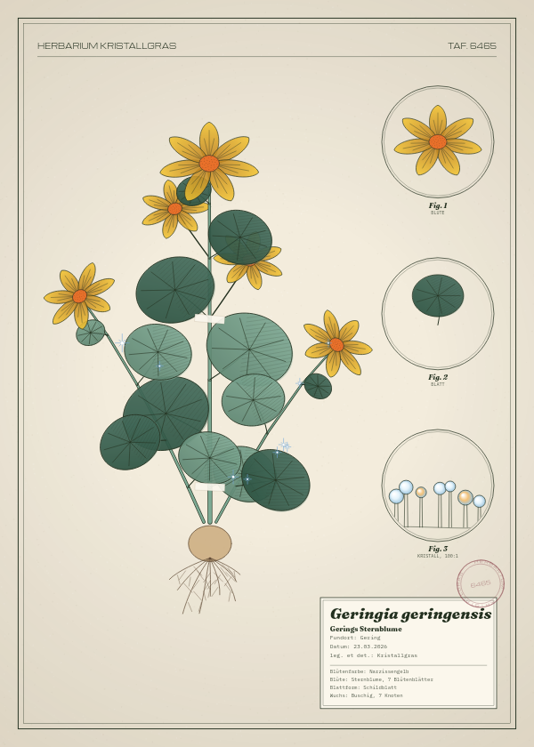 Botanische Tafel: Geringia geringensis, eine erfundene Pflanze aus Gering, gezeichnet wie in einem alten Pflanzenatlas