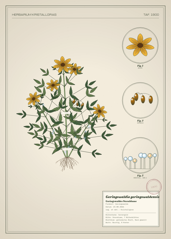 Botanische Tafel: Geringswaldia geringswaldensis, eine erfundene Pflanze aus Geringswalde, gezeichnet wie in einem alten Pflanzenatlas