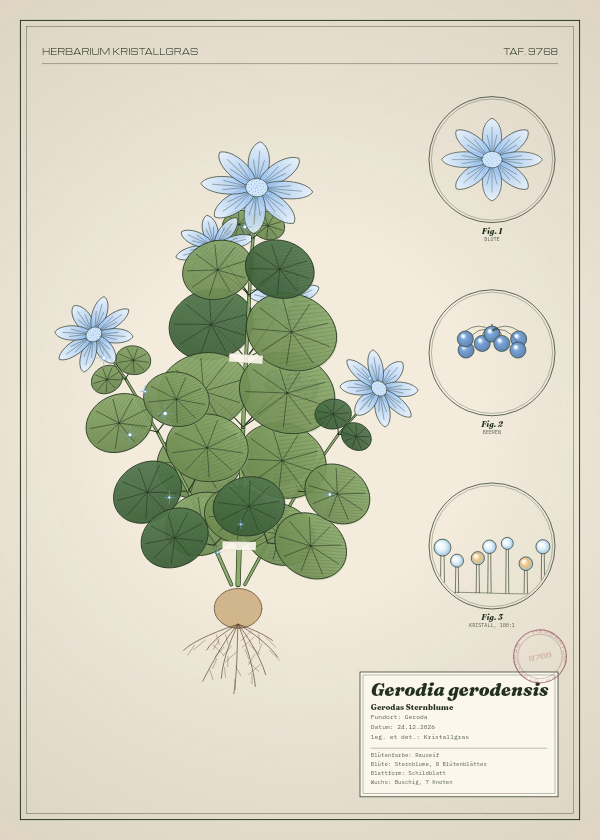 Botanische Tafel: Gerodia gerodensis, eine erfundene Pflanze aus Geroda, gezeichnet wie in einem alten Pflanzenatlas