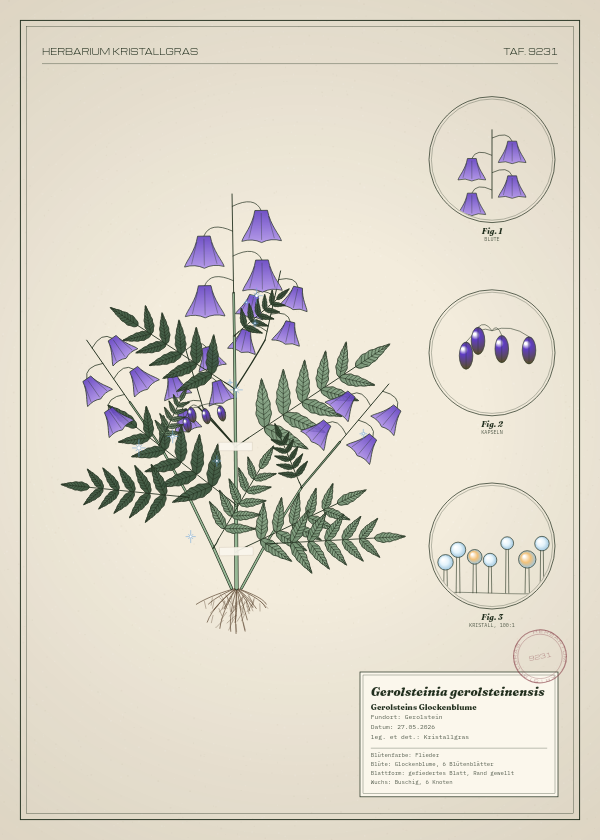 Botanische Tafel: Gerolsteinia gerolsteinensis, eine erfundene Pflanze aus Gerolstein, gezeichnet wie in einem alten Pflanzenatlas