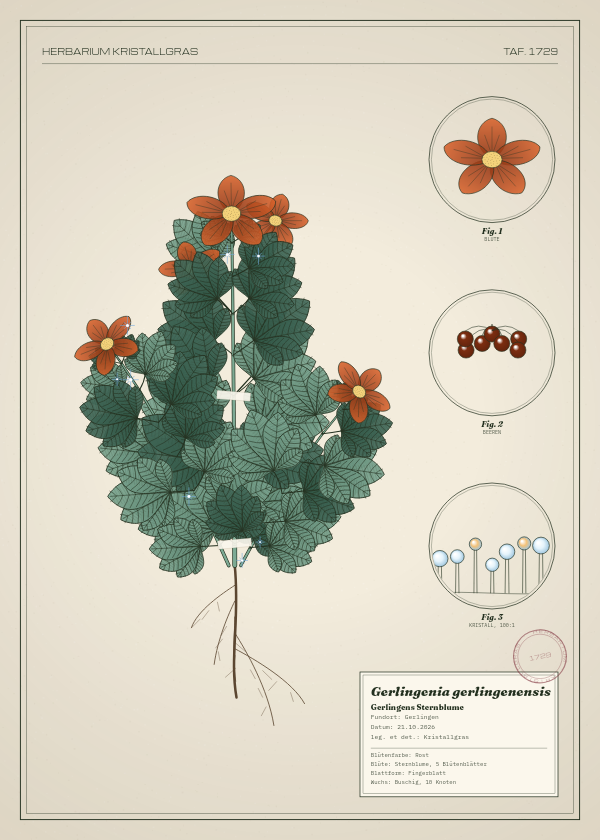 Botanische Tafel: Gerlingenia gerlingenensis, eine erfundene Pflanze aus Gerlingen, gezeichnet wie in einem alten Pflanzenatlas