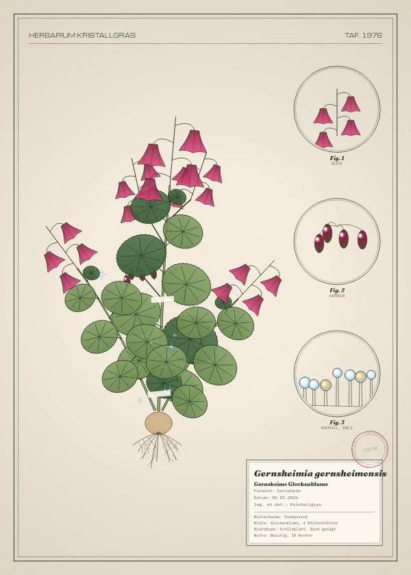 Botanische Tafel: Gernsheimia gernsheimensis, eine erfundene Pflanze aus Gernsheim, gezeichnet wie in einem alten Pflanzenatlas