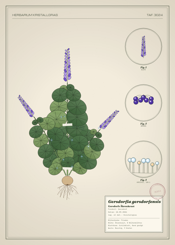 Botanische Tafel: Gersdorfia gersdorfensis, eine erfundene Pflanze aus Gersdorf, gezeichnet wie in einem alten Pflanzenatlas