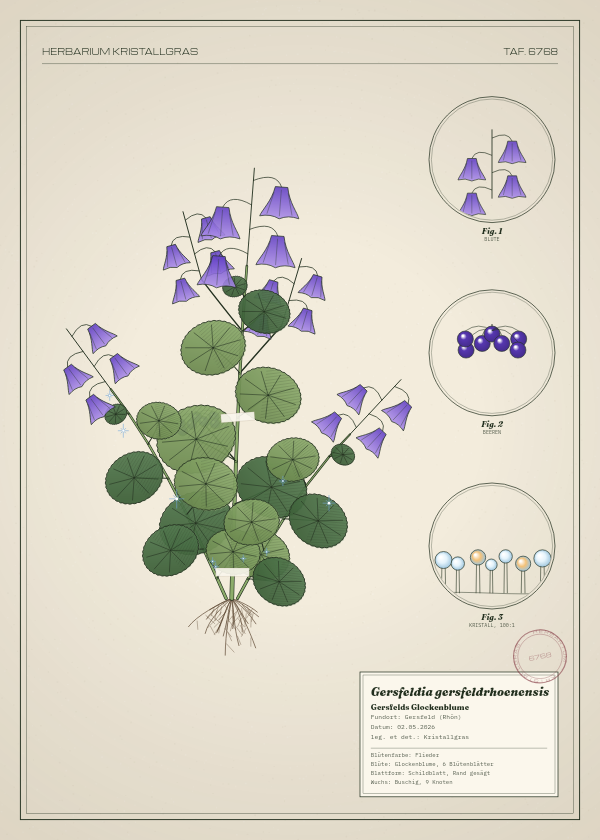 Botanische Tafel: Gersfeldia gersfeldrhoenensis, eine erfundene Pflanze aus Gersfeld (Rhön), gezeichnet wie in einem alten Pflanzenatlas