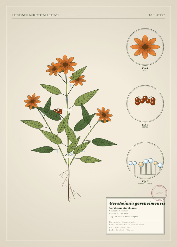 Botanische Tafel: Gersheimia gersheimensis, eine erfundene Pflanze aus Gersheim, gezeichnet wie in einem alten Pflanzenatlas