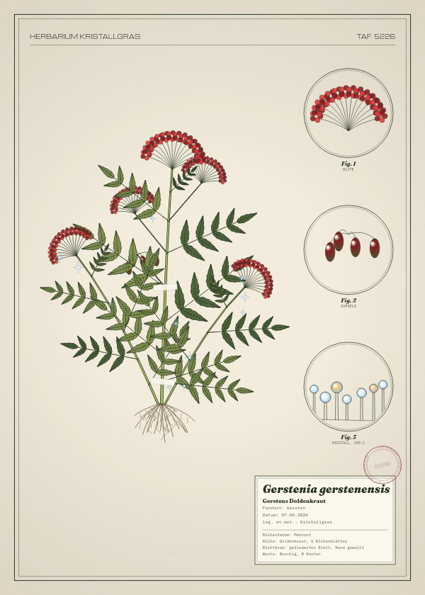 Botanische Tafel: Gerstenia gerstenensis, eine erfundene Pflanze aus Gersten, gezeichnet wie in einem alten Pflanzenatlas