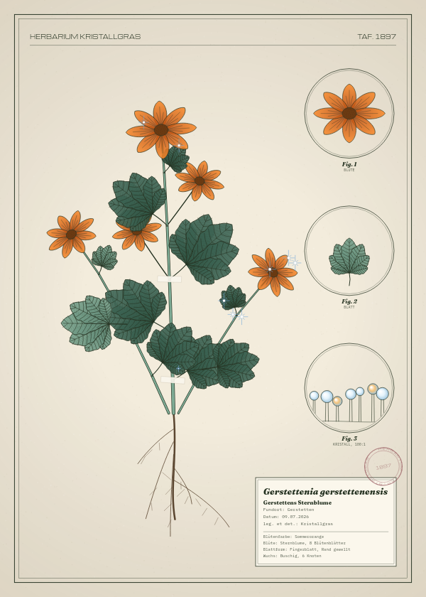 Botanische Tafel: Gerstettenia gerstettenensis, eine erfundene Pflanze aus Gerstetten, gezeichnet wie in einem alten Pflanzenatlas