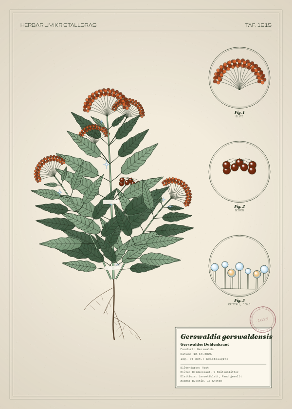 Botanische Tafel: Gerswaldia gerswaldensis, eine erfundene Pflanze aus Gerswalde, gezeichnet wie in einem alten Pflanzenatlas