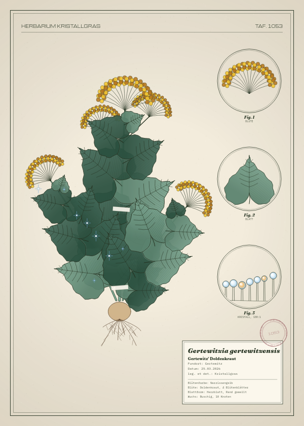 Botanische Tafel: Gertewitzia gertewitzensis, eine erfundene Pflanze aus Gertewitz, gezeichnet wie in einem alten Pflanzenatlas