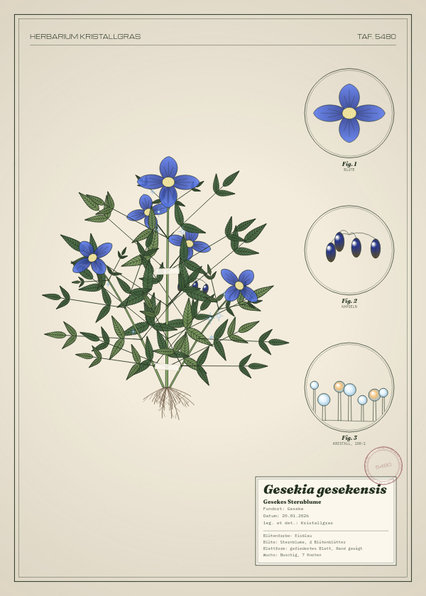 Botanische Tafel: Gesekia gesekensis, eine erfundene Pflanze aus Geseke, gezeichnet wie in einem alten Pflanzenatlas