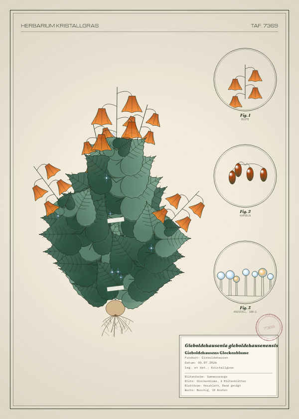 Botanische Tafel: Gieboldehausenia gieboldehausenensis, eine erfundene Pflanze aus Gieboldehausen, gezeichnet wie in einem alten Pflanzenatlas