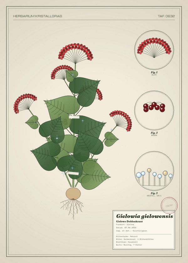 Botanische Tafel: Gielowia gielowensis, eine erfundene Pflanze aus Gielow, gezeichnet wie in einem alten Pflanzenatlas