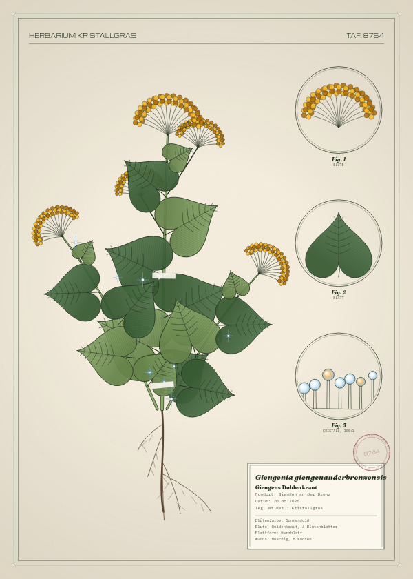 Botanische Tafel: Giengenia giengenanderbrenzensis, eine erfundene Pflanze aus Giengen an der Brenz, gezeichnet wie in einem alten Pflanzenatlas