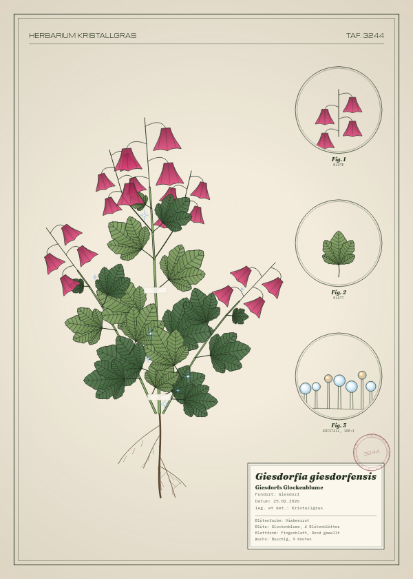 Botanische Tafel: Giesdorfia giesdorfensis, eine erfundene Pflanze aus Giesdorf, gezeichnet wie in einem alten Pflanzenatlas