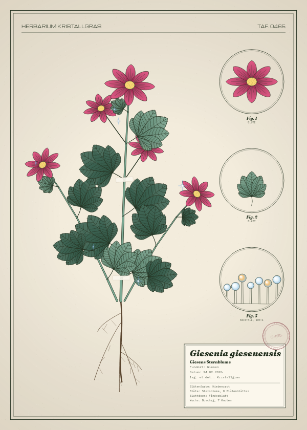 Botanische Tafel: Giesenia giesenensis, eine erfundene Pflanze aus Giesen, gezeichnet wie in einem alten Pflanzenatlas