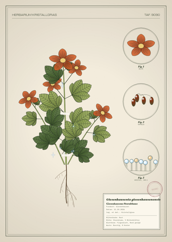Botanische Tafel: Giesenhausenia giesenhausenensis, eine erfundene Pflanze aus Giesenhausen, gezeichnet wie in einem alten Pflanzenatlas