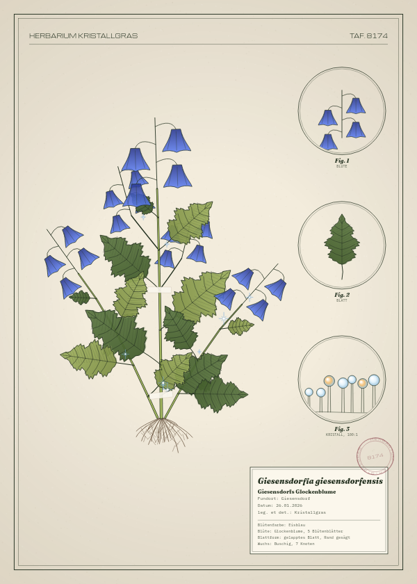 Botanische Tafel: Giesensdorfia giesensdorfensis, eine erfundene Pflanze aus Giesensdorf, gezeichnet wie in einem alten Pflanzenatlas