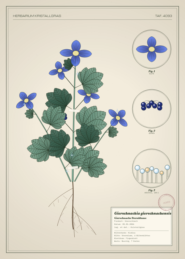 Botanische Tafel: Gierschnachia gierschnachensis, eine erfundene Pflanze aus Gierschnach, gezeichnet wie in einem alten Pflanzenatlas