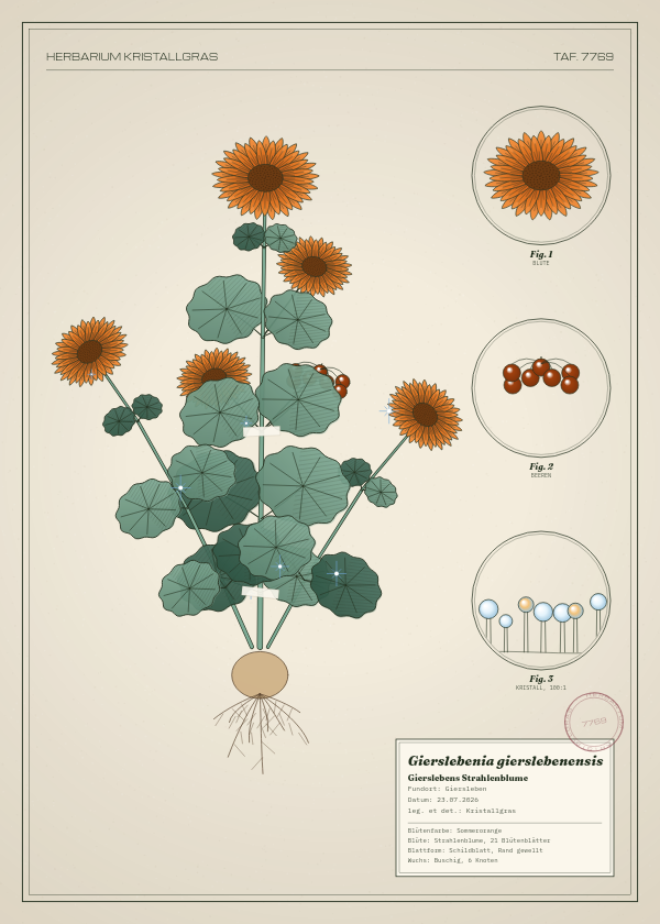 Botanische Tafel: Gierslebenia gierslebenensis, eine erfundene Pflanze aus Giersleben, gezeichnet wie in einem alten Pflanzenatlas