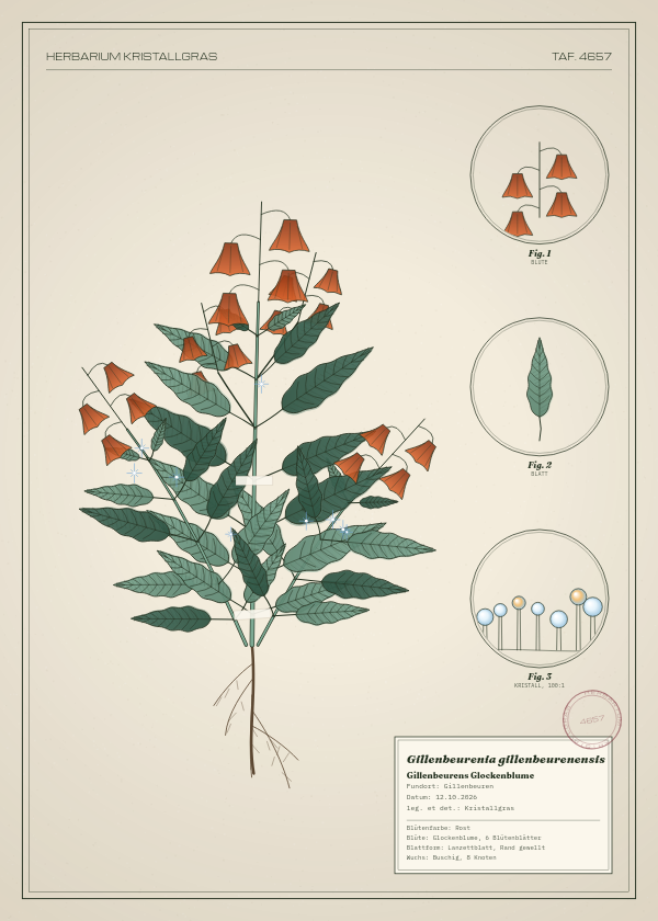 Botanische Tafel: Gillenbeurenia gillenbeurenensis, eine erfundene Pflanze aus Gillenbeuren, gezeichnet wie in einem alten Pflanzenatlas