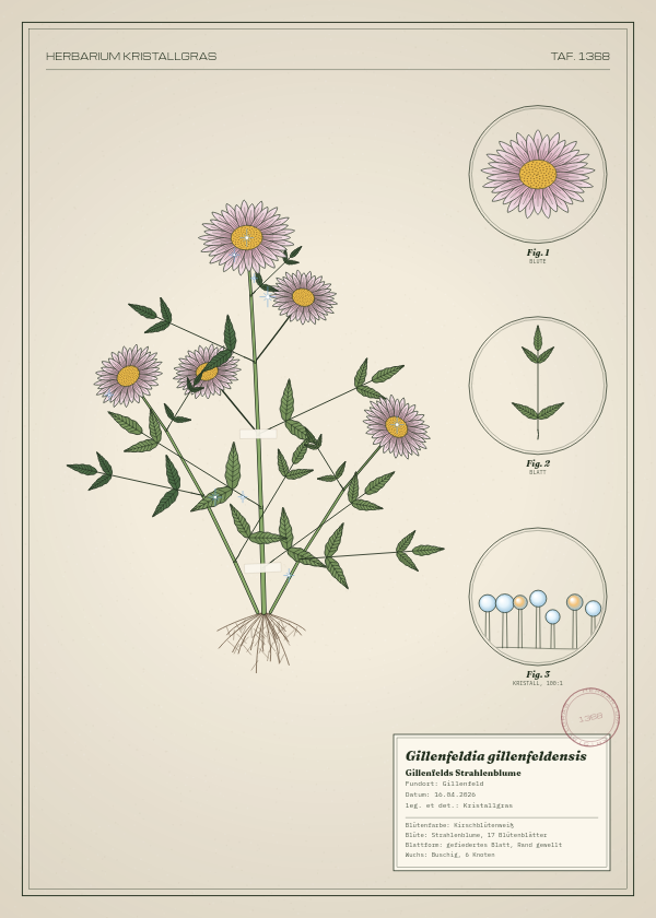Botanische Tafel: Gillenfeldia gillenfeldensis, eine erfundene Pflanze aus Gillenfeld, gezeichnet wie in einem alten Pflanzenatlas