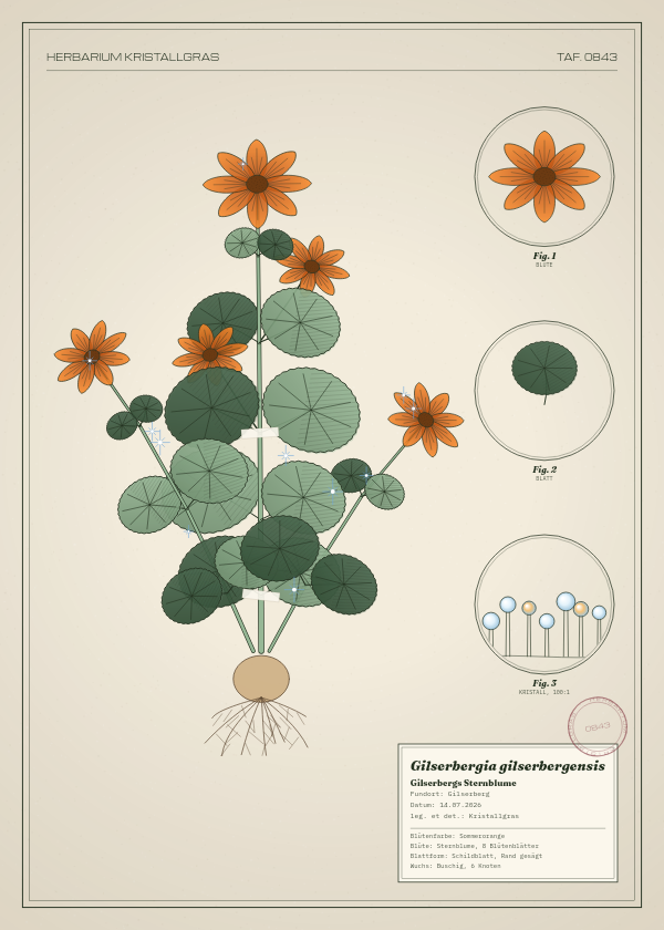 Botanische Tafel: Gilserbergia gilserbergensis, eine erfundene Pflanze aus Gilserberg, gezeichnet wie in einem alten Pflanzenatlas