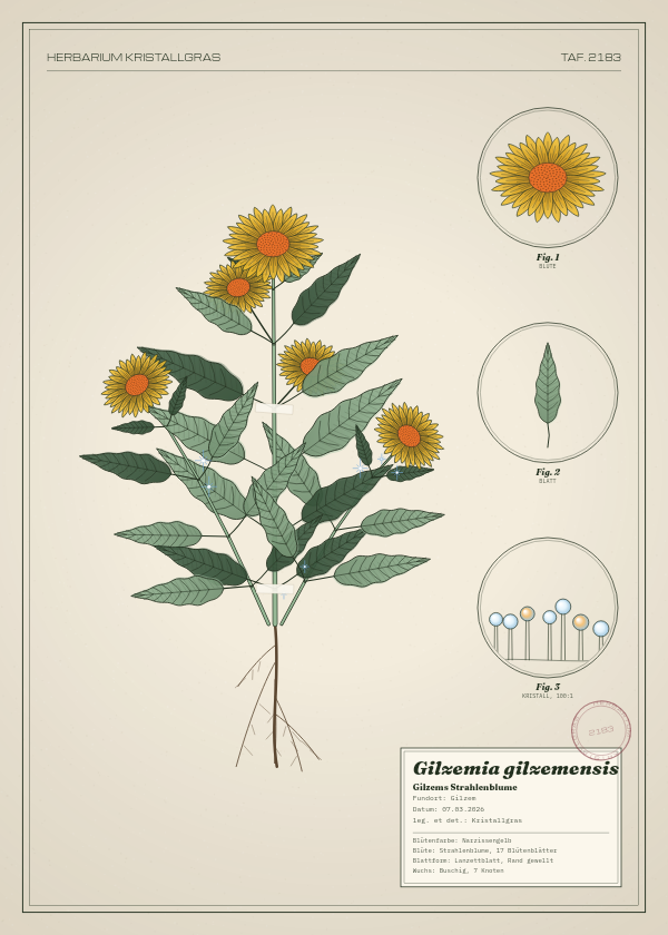 Botanische Tafel: Gilzemia gilzemensis, eine erfundene Pflanze aus Gilzem, gezeichnet wie in einem alten Pflanzenatlas