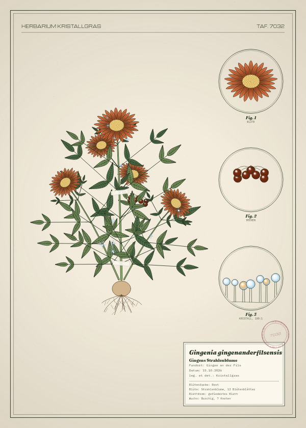 Botanische Tafel: Gingenia gingenanderfilsensis, eine erfundene Pflanze aus Gingen an der Fils, gezeichnet wie in einem alten Pflanzenatlas