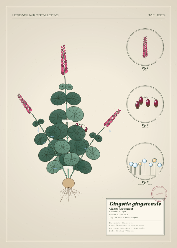 Botanische Tafel: Gingstia gingstensis, eine erfundene Pflanze aus Gingst, gezeichnet wie in einem alten Pflanzenatlas