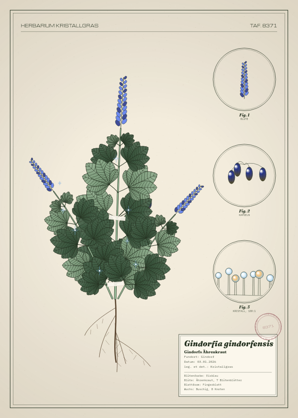Botanische Tafel: Gindorfia gindorfensis, eine erfundene Pflanze aus Gindorf, gezeichnet wie in einem alten Pflanzenatlas