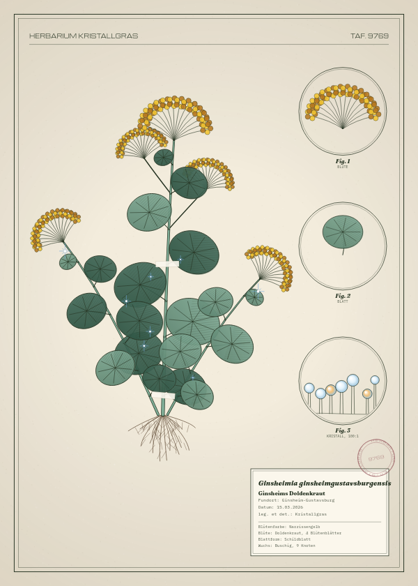 Botanische Tafel: Ginsheimia ginsheimgustavsburgensis, eine erfundene Pflanze aus Ginsheim-Gustavsburg, gezeichnet wie in einem alten Pflanzenatlas