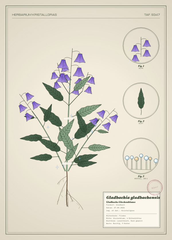 Botanische Tafel: Gladbachia gladbachensis, eine erfundene Pflanze aus Gladbach, gezeichnet wie in einem alten Pflanzenatlas