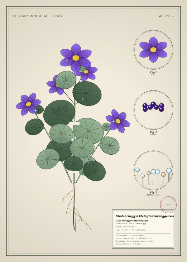 Botanische Tafel: Gladebrueggia kleingladebrueggensis, eine erfundene Pflanze aus Klein Gladebrügge, gezeichnet wie in einem alten Pflanzenatlas