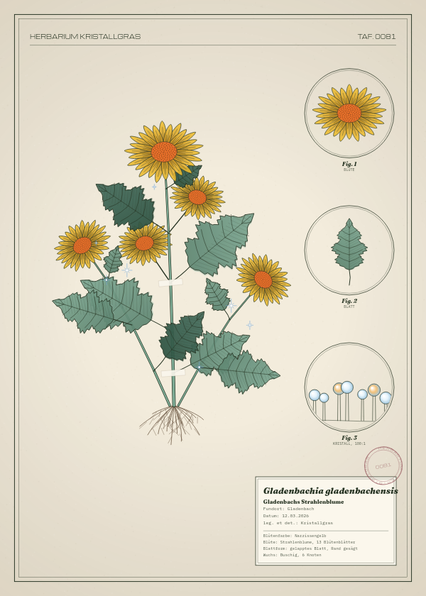 Botanische Tafel: Gladenbachia gladenbachensis, eine erfundene Pflanze aus Gladenbach, gezeichnet wie in einem alten Pflanzenatlas