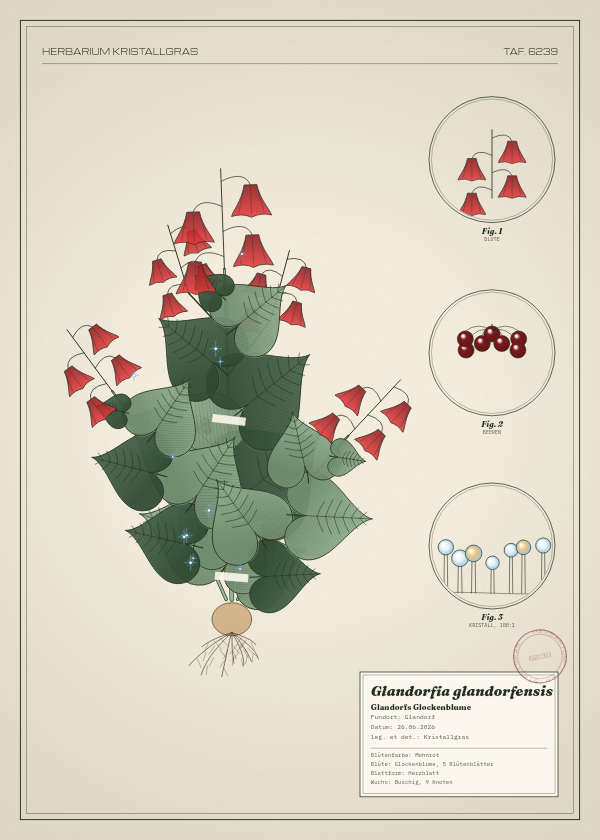 Botanische Tafel: Glandorfia glandorfensis, eine erfundene Pflanze aus Glandorf, gezeichnet wie in einem alten Pflanzenatlas