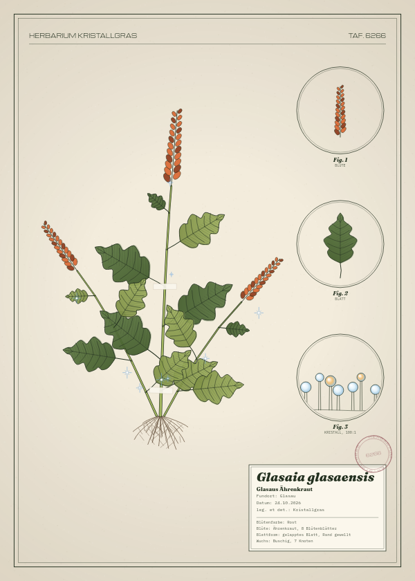 Botanische Tafel: Glasaia glasaensis, eine erfundene Pflanze aus Glasau, gezeichnet wie in einem alten Pflanzenatlas