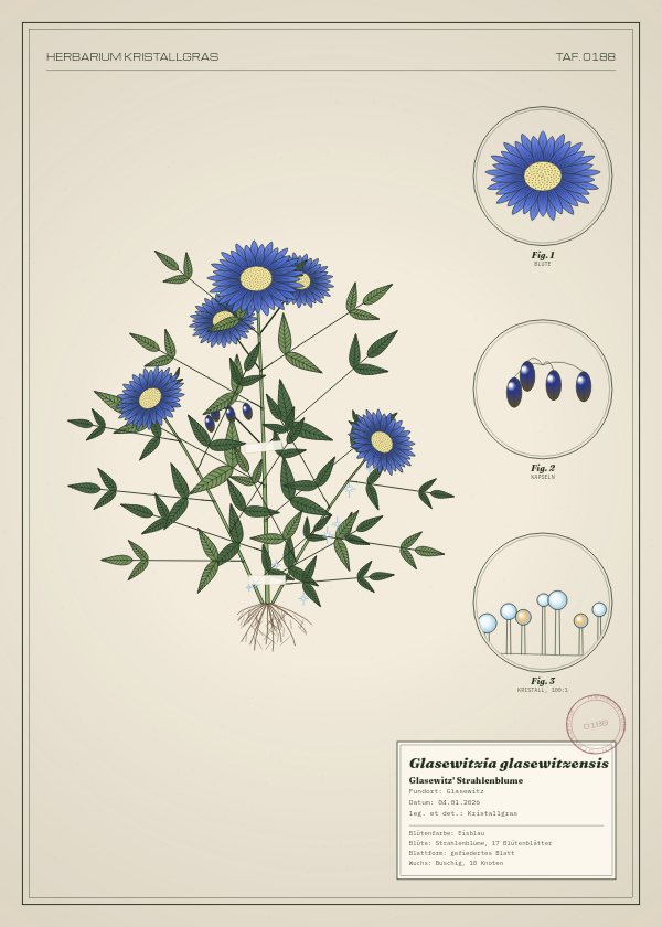 Botanische Tafel: Glasewitzia glasewitzensis, eine erfundene Pflanze aus Glasewitz, gezeichnet wie in einem alten Pflanzenatlas
