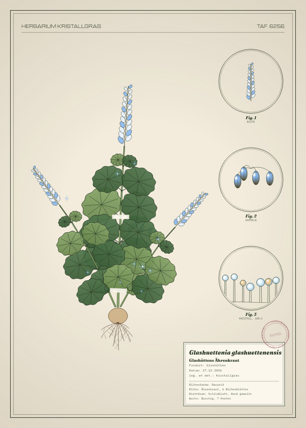 Botanische Tafel: Glashuettenia glashuettenensis, eine erfundene Pflanze aus Glashütten, gezeichnet wie in einem alten Pflanzenatlas