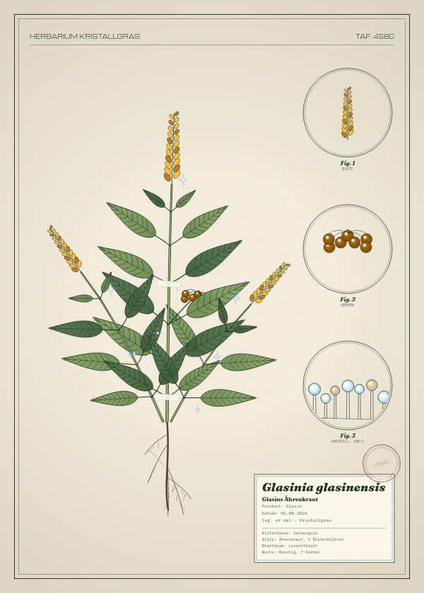 Botanische Tafel: Glasinia glasinensis, eine erfundene Pflanze aus Glasin, gezeichnet wie in einem alten Pflanzenatlas