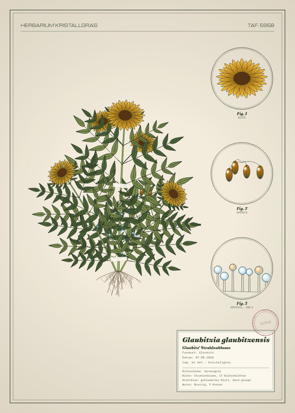 Botanische Tafel: Glaubitzia glaubitzensis, eine erfundene Pflanze aus Glaubitz, gezeichnet wie in einem alten Pflanzenatlas
