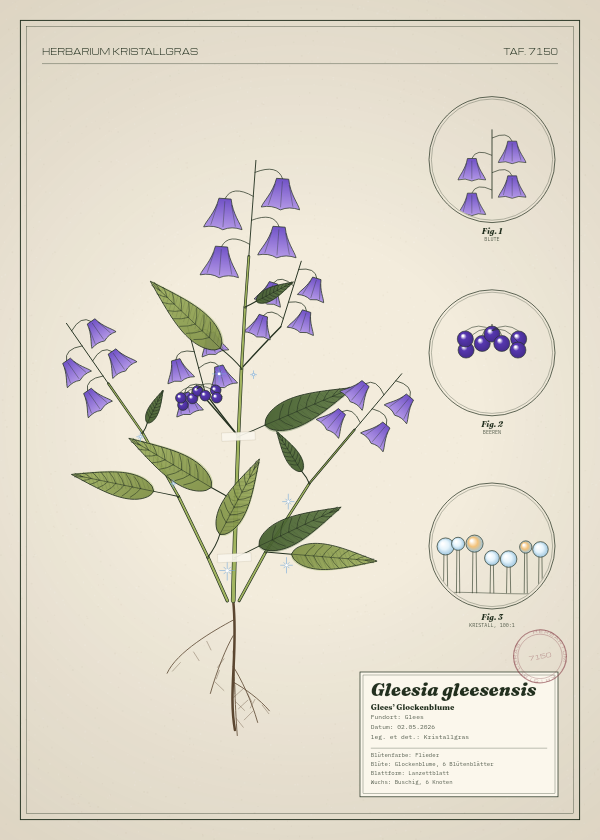 Botanische Tafel: Gleesia gleesensis, eine erfundene Pflanze aus Glees, gezeichnet wie in einem alten Pflanzenatlas