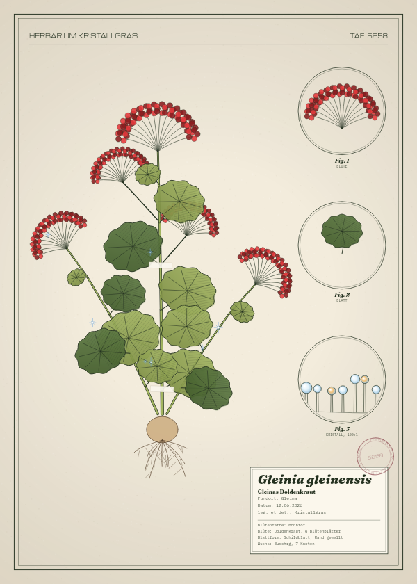 Botanische Tafel: Gleinia gleinensis, eine erfundene Pflanze aus Gleina, gezeichnet wie in einem alten Pflanzenatlas