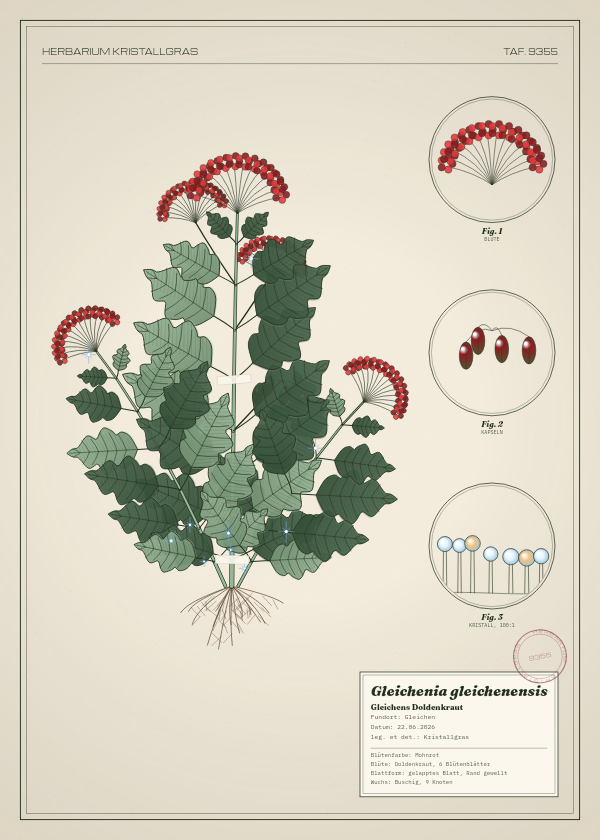 Botanische Tafel: Gleichenia gleichenensis, eine erfundene Pflanze aus Gleichen, gezeichnet wie in einem alten Pflanzenatlas
