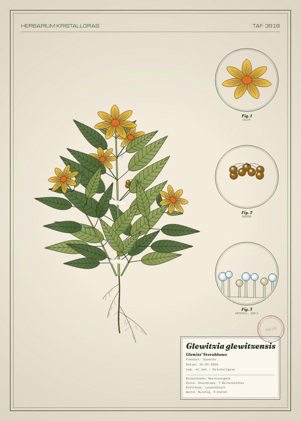 Botanische Tafel: Glewitzia glewitzensis, eine erfundene Pflanze aus Glewitz, gezeichnet wie in einem alten Pflanzenatlas