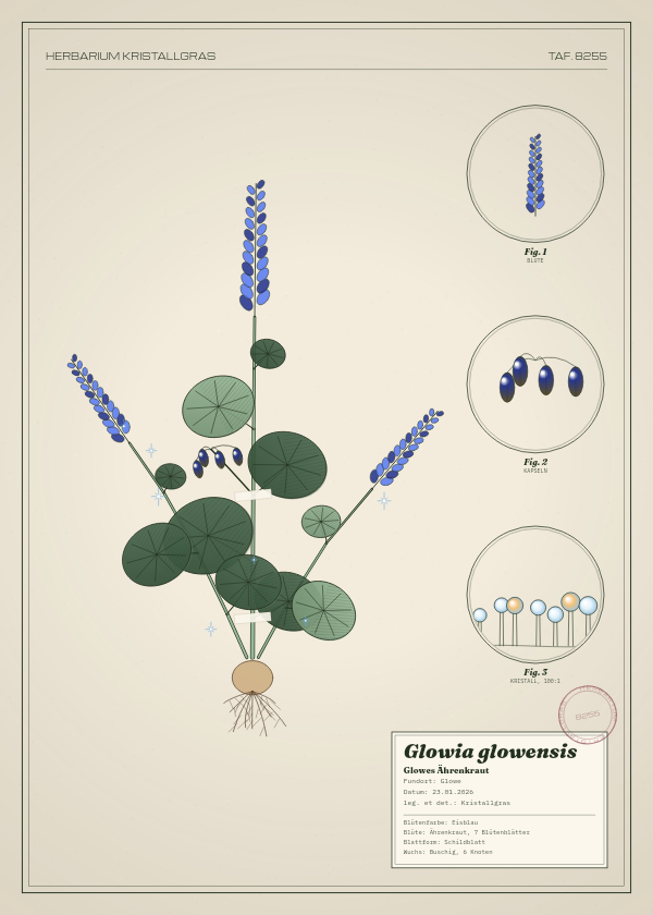 Botanische Tafel: Glowia glowensis, eine erfundene Pflanze aus Glowe, gezeichnet wie in einem alten Pflanzenatlas