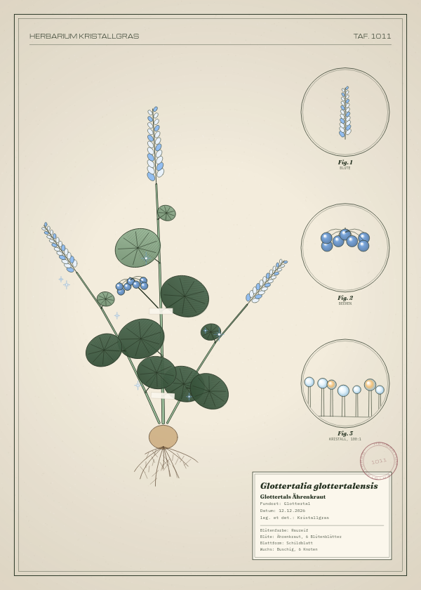 Botanische Tafel: Glottertalia glottertalensis, eine erfundene Pflanze aus Glottertal, gezeichnet wie in einem alten Pflanzenatlas
