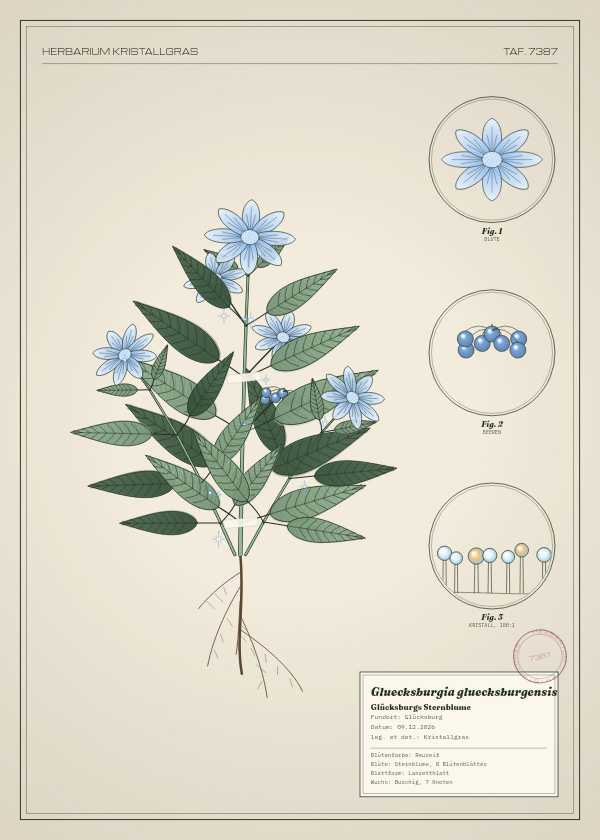 Botanische Tafel: Gluecksburgia gluecksburgensis, eine erfundene Pflanze aus Glücksburg, gezeichnet wie in einem alten Pflanzenatlas