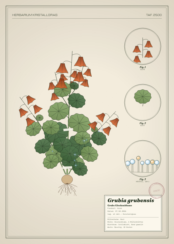Botanische Tafel: Grubia grubensis, eine erfundene Pflanze aus Grub, gezeichnet wie in einem alten Pflanzenatlas